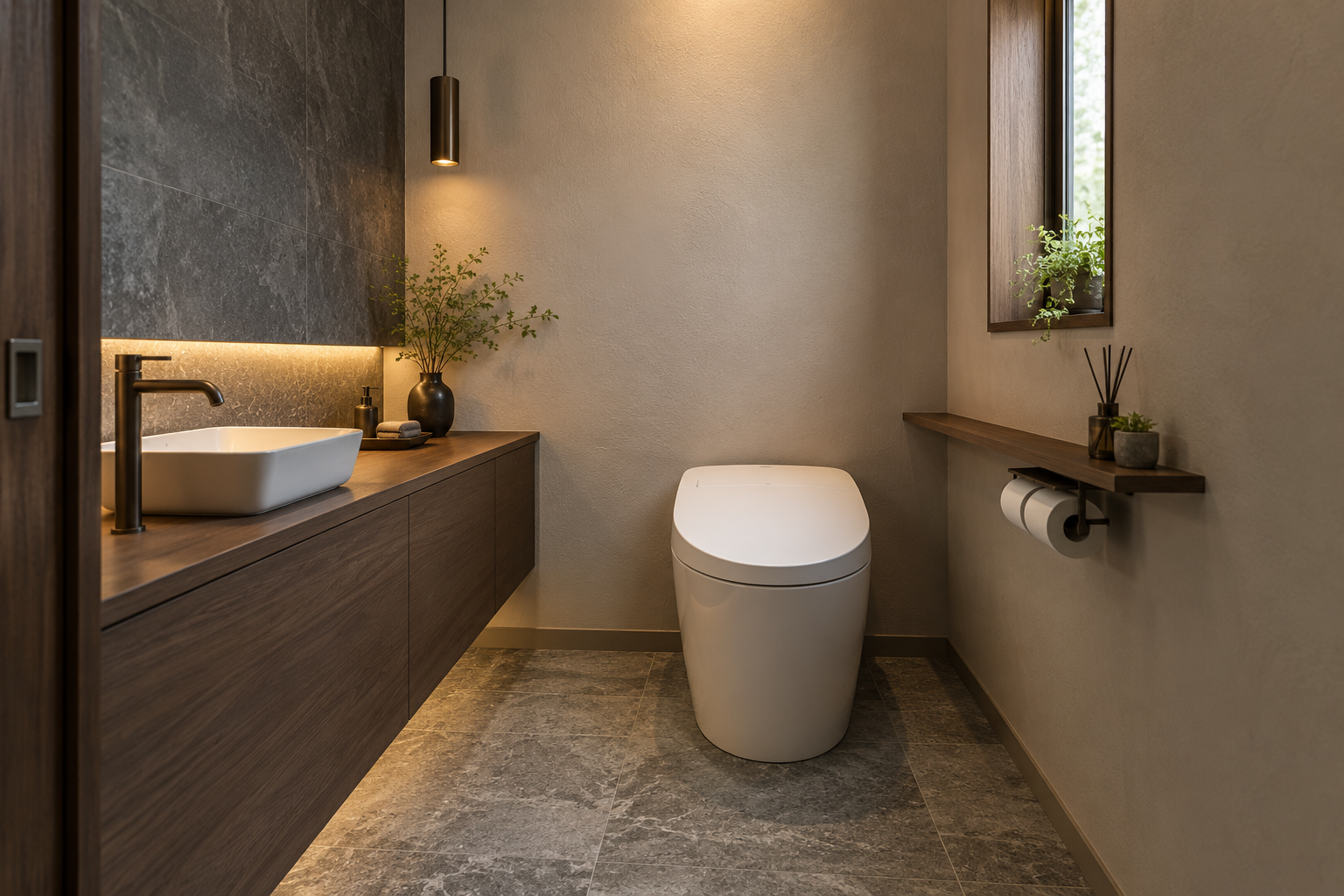 落ち着いた色調と照明で整えたトイレリフォーム