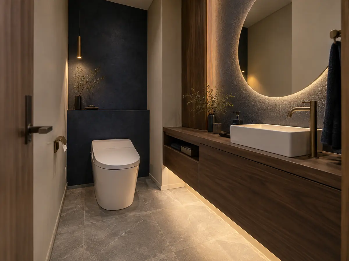 濃紺と木質で整えたトイレリフォームのイメージ