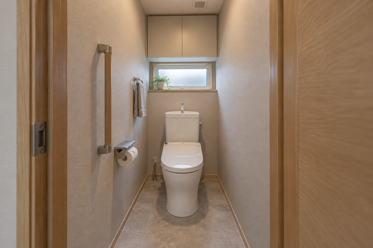 手すりと収納を備えた落ち着いた色合いのトイレ空間
