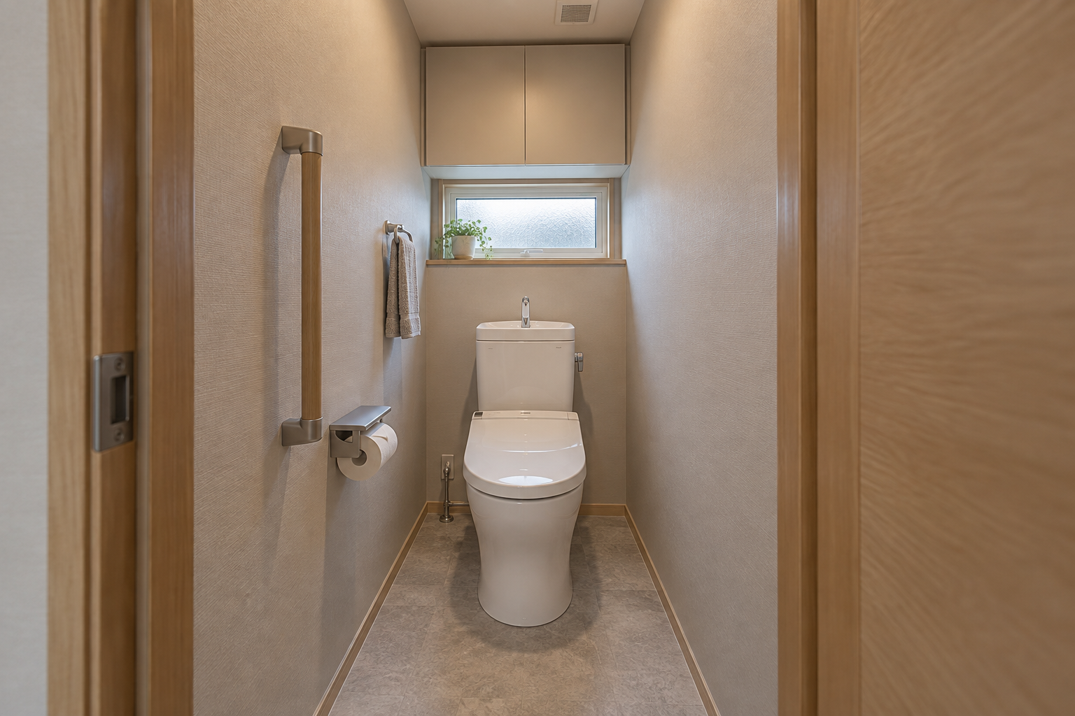手すりと収納を備えた落ち着いた色合いのトイレ空間
