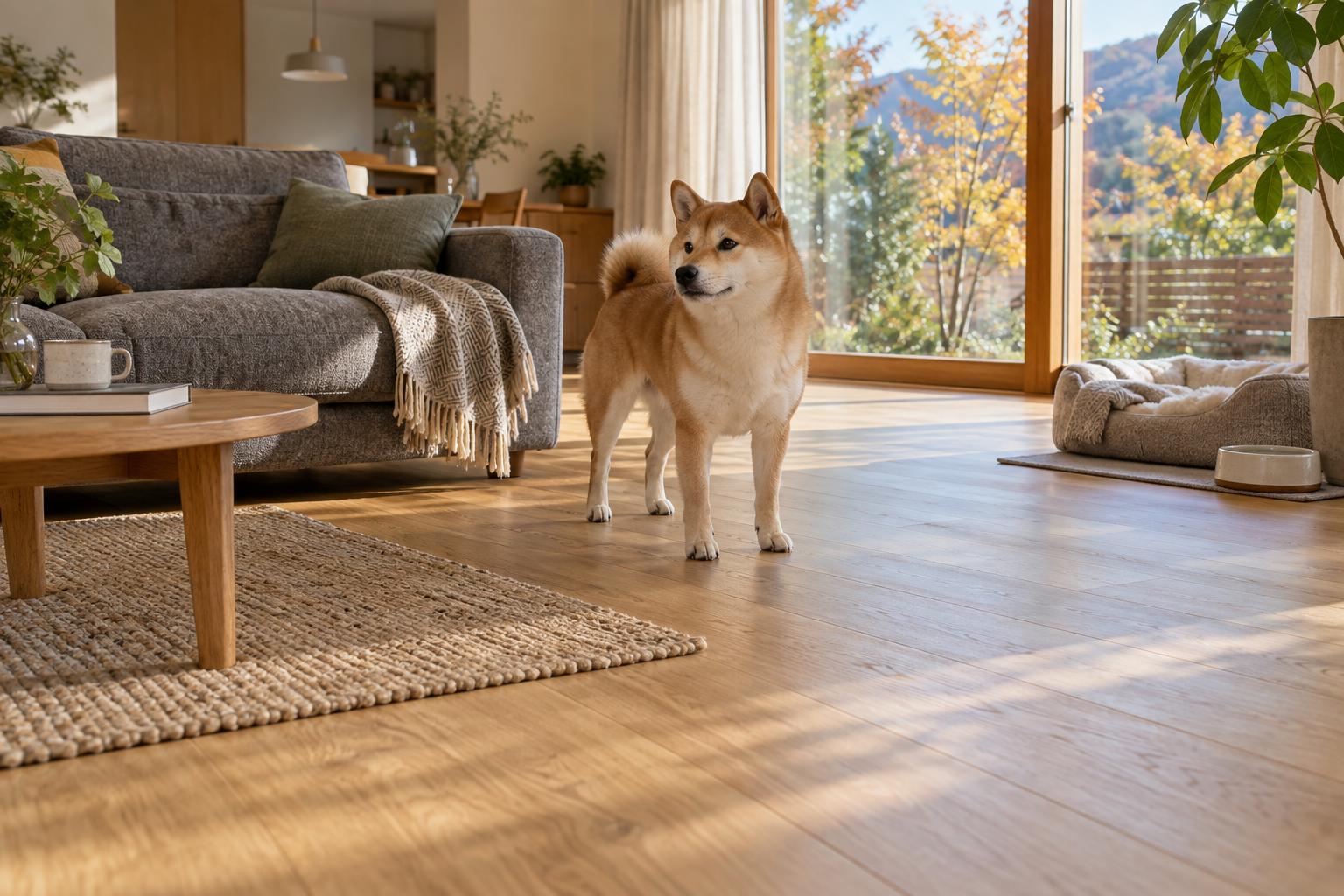 木目の床と落ち着いたソファのあるリビングで過ごす柴犬
